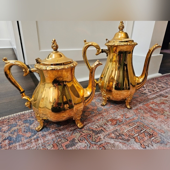 VINTAGE PAIR 24 karat Gold Electroplated Footed Tea & Coffee Pot - Picture 2 of 13